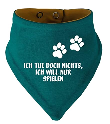 Hunde Wende- Halstuch Multicolor (Fb: Petrol-gelb (Gr.2 - HU 31-35 cm) Ich tue doch Nichts ich Will nur Spielen von Kleiner Fratz