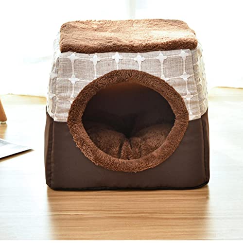 KLIEUWDBAARASRASJ 2 In 1 Katzenzelt Höhlenbett Weiches Indoor Geschlossenes Haustierhaus Gemütliche Katzenkätzchen Schlafbetten für Hundewelpen mit abnehmbarem Kissen-Kaffeegitter, L 38x38x34cm von KLIEUWDBAARASRASJ