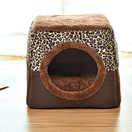 KLIEUWDBAARASRASJ 2 In 1 Katzenzelt Höhlenbett Weiches Indoor Geschlossenes Haustierhaus Gemütliche Katzenkätzchen Schlafbetten für Hundewelpen mit abnehmbarem Kissen-Leopard, M 35x33x30cm von KLIEUWDBAARASRASJ