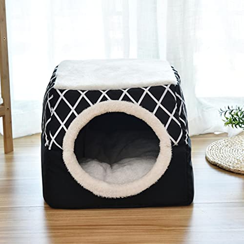 KLIEUWDBAARASRASJ 2 In 1 Katzenzelt Höhlenbett Weiches Indoor Geschlossenes Haustierhaus Gemütliche Katzenkätzchen Schlafbetten für Hundewelpen mit abnehmbarem Kissen-Schwarz,L 38x38x34cm von KLIEUWDBAARASRASJ