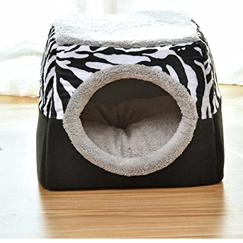 KLIEUWDBAARASRASJ 2 In 1 Katzenzelt Höhlenbett Weiches Indoor Geschlossenes Haustierhaus Gemütliche Katzenkätzchen Schlafbetten für Hundewelpen mit abnehmbarem Kissen-Schwarz-Zebra,L 38x38x34cm von KLIEUWDBAARASRASJ