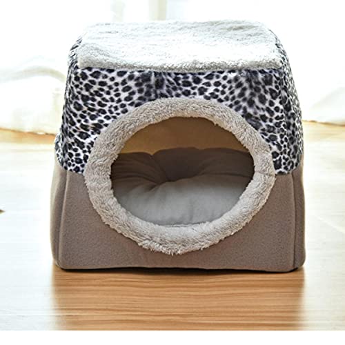 KLIEUWDBAARASRASJ 2 in 1 Katzenzelt Höhlenbett Weiches Indoor Geschlossenes Haustierhaus Gemütliche Katzenkätzchen Schlafbetten für Hundewelpen mit abnehmbarem Kissen-Grau-Leopard,L 38x38x34cm von KLIEUWDBAARASRASJ