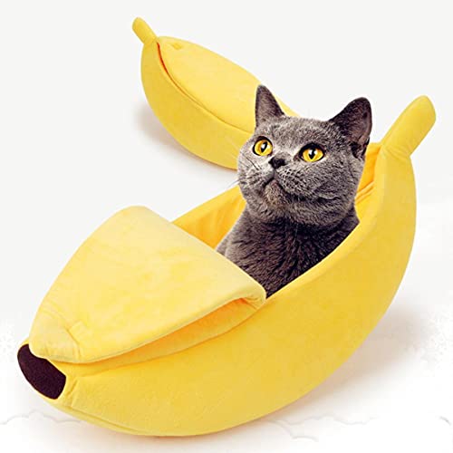 KLIEUWDBAARASRASJ Banana Cat Bed House Cute Banana Puppy Cushion Zwinger Warme weiche Pet Bet Cat Supplies Matte Betten für Katzen Kätzchen-gelb,S Für unter 3 Ibs von KLIEUWDBAARASRASJ