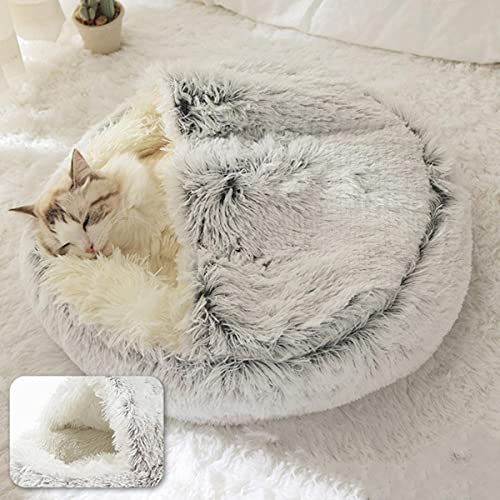 KLIEUWDBAARASRASJ Haustier Hund Katzenbett Rund Plüsch Katze Warmes Bett Haus Weiches Langes Plüschbett Für Kleine Hunde Für Katzen Nest 2 In 1 Katzenbett-Grau Langes Plüschtier,35x35cm von KLIEUWDBAARASRASJ