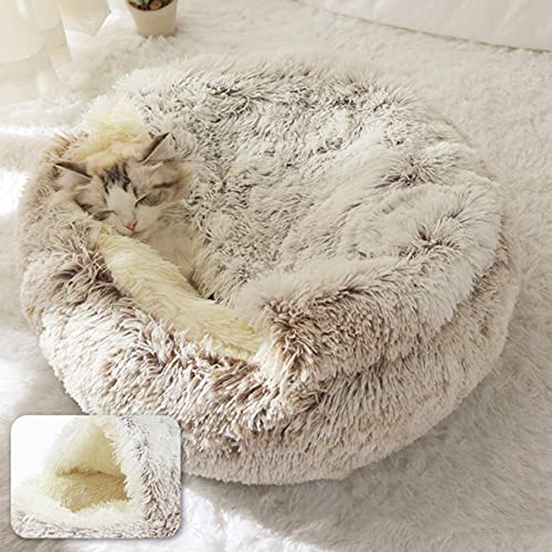 KLIEUWDBAARASRASJ Haustier Hund Katzenbett Runde Plüsch Katze Warmes Bett Haus Weiches Langes Plüschbett Für Kleine Hunde Für Katzen Nest 2 In 1 Katzenbett-Kaffee Lange Plüsch,35x35cm von KLIEUWDBAARASRASJ