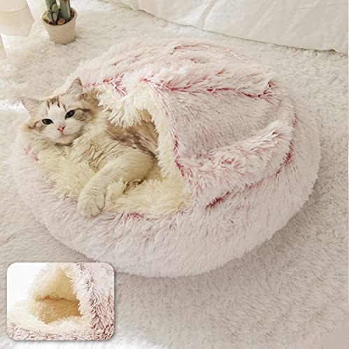 KLIEUWDBAARASRASJ Haustier Hund Katzenbett Runde Plüsch Katze Warmes Bett Haus Weiches Langes Plüschbett Für Kleine Hunde Für Katzen Nest 2 In 1 Katzenbett-Rosa Lange Plüsch,50x50cm von KLIEUWDBAARASRASJ