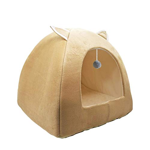 KLIEUWDBAARASRASJ Katzenbett Haus Haustier Hund Kissen Turm Korb Zelt Faltbare Welpen Maskottchen Casa Plüsch Soft Kennel Mehrzweck -Beige Mit Ball, L 40cm 40cm 46cm von KLIEUWDBAARASRASJ