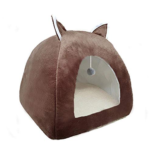 KLIEUWDBAARASRASJ Katzenbett Haus Haustier Hund Kissen Turm Korb Zelt Faltbare Welpen Maskottchen Casa Plüsch Soft Kennel Mehrzweck-Braun Mit Ball, M 33cm 33cm 38cm von KLIEUWDBAARASRASJ