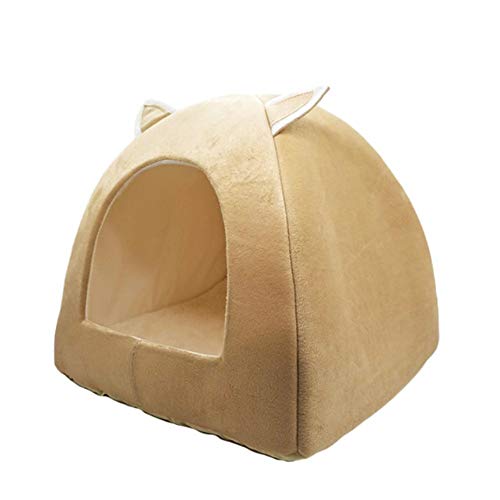 KLIEUWDBAARASRASJ Katzenbett Haus Haustier Hund Kissen Turm Korb Zelt Klappbare Welpen Maskottchen Casa Plüsch Soft Kennel Mehrzweck -Beige, L 40cm 40cm 46cm von KLIEUWDBAARASRASJ