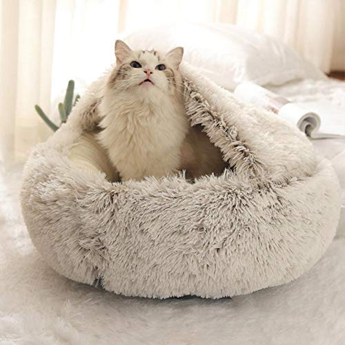 KLIEUWDBAARASRASJ Katzenbett Rund Plüsch Katze Warmbett Haus Weich Lang Plüsch Haustier Hundebett Für Kleine Hunde Katzennest 2 In 1 Katzenbett Kissen Schlafsofa-Kaffee, 65x65cm, Belgien von KLIEUWDBAARASRASJ