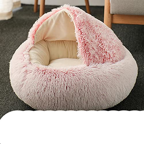 KLIEUWDBAARASRASJ Katzenbett Rundes Katzennest Welpenhöhle Langes Plüschtierbett Warmes Katzenbett 2-in-1 Katzenkissen Schlafsofa-Rosa,50cm von KLIEUWDBAARASRASJ