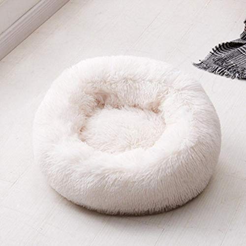 KLIEUWDBAARASRASJ Katzenbetten Rundes bequemes beruhigendes Hundebett für Katzen Beruhigendes Bett Hund Anti-Angst-Haus für Katzenvlies Marshmallow Katzenbett Kissen-cremeweiß, OD 60 cm, China von KLIEUWDBAARASRASJ