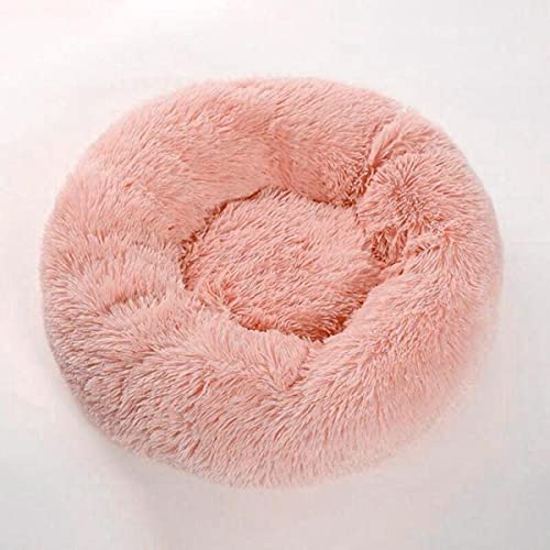 KLIEUWDBAARASRASJ Runder Plüsch Hundebett Haus Hundematte Winter Warm Schlafende Katzen Nest Weicher Langer Plüsch Hundekorb Haustier Kissen Tragbare Haustierbedarf-Leder Rosa,50CM von KLIEUWDBAARASRASJ