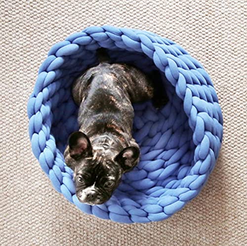 KLIEUWDBAARASRASJ Warmes Haustier Katzennest DIY gewebtes Haustierbett Kennel Fuzzy Round Katzenbett Hundesofa Kissen Welpenschlafhaus Kätzchenbett Katzenkorb-Blau,30cm von KLIEUWDBAARASRASJ