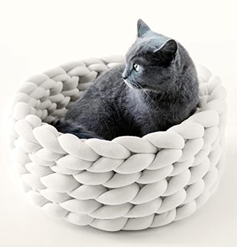 KLIEUWDBAARASRASJ Warmes Haustier Katzennest DIY gewebtes Haustierbett Zwinger Fuzzy Rundes Katzenbett Hundesofa Kissen Welpenschlafhaus Kätzchenbett Katzenkorb-Weiß,50cm von KLIEUWDBAARASRASJ