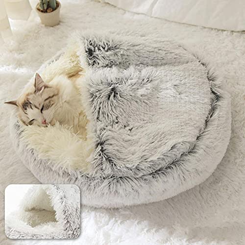 KLIEUWDBAARASRASJ Winter 2 In 1 Katzenbett rundes warmes Haustierbett House Long Plüsch Hundebett Warmer Schlafsack Sofa Kissen Nest für kleine Hunde Katzen Kätzchenlang Plüsch Grau,35cm von KLIEUWDBAARASRASJ