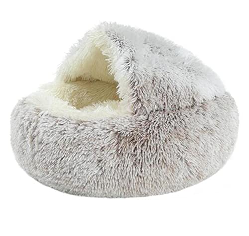 KLIEUWDBAARASRASJ Winter 2 in 1 Katzenbett rundes warmes Haustierbett House Long Plüsch Hundebett Warmer Schlafsack Sofa Kissen Nest für kleine Hunde Katzen Kätzchenlanger Plüsch Kaffee,50cm von KLIEUWDBAARASRASJ