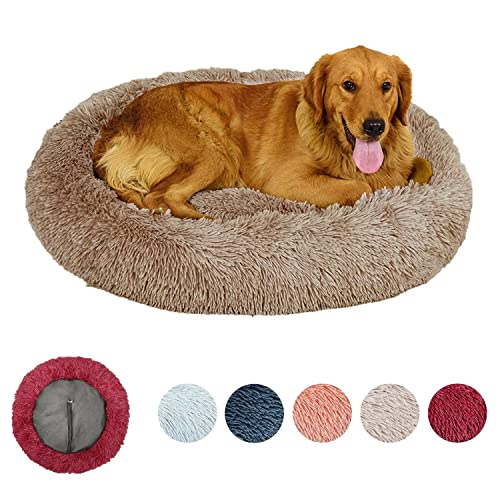 KLMYTCWSD Gemütliche Heimtier-Bett, Deluxe Donut Hundebett, Donut Kissen, Maschinenwaschbar, Herausnehmbares Mittelkissen, Langer Plüsch, Φ100cm Durchmesser, Beigebraun von KLMYTCWSD