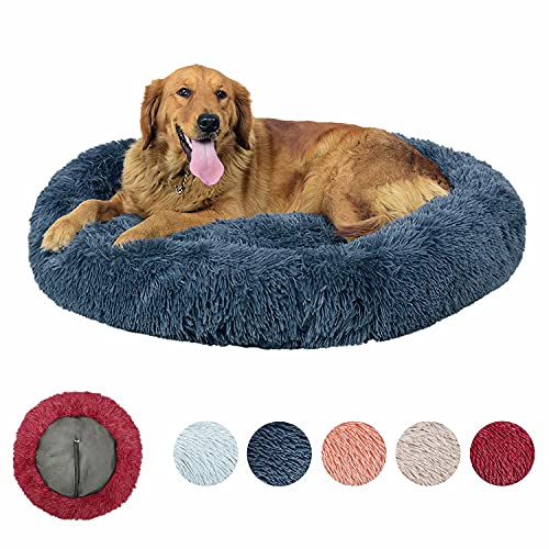 KLMYTCWSD Gemütliche Heimtier-Bett, Deluxe Donut Hundebett, Donut Kissen, Maschinenwaschbar, Herausnehmbares Mittelkissen, Langer Plüsch, Φ100cm Durchmesser, Dunkelgrau von KLMYTCWSD