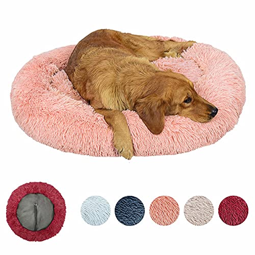 KLMYTCWSD Gemütliche Heimtier-Bett, Deluxe Donut Hundebett, Donut Kissen, Maschinenwaschbar, Herausnehmbares Mittelkissen, Langer Plüsch, Φ100cm Durchmesser, Rosa von KLMYTCWSD