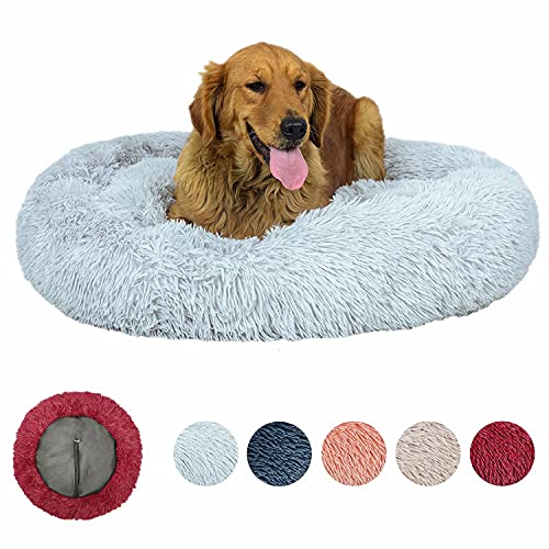 KLMYTCWSD Gemütliche Heimtier-Bett, Deluxe Donut Hundebett, Donut Kissen, Maschinenwaschbar, Herausnehmbares Mittelkissen, Langer Plüsch, Φ60cm Durchmesser, Hellgrau von KLMYTCWSD