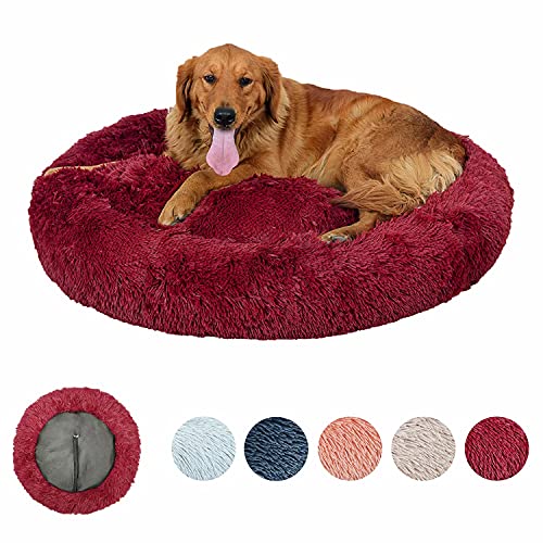 KLMYTCWSD Gemütliche Heimtier-Bett, Deluxe Donut Hundebett, Donut Kissen, Maschinenwaschbar, Herausnehmbares Mittelkissen, Langer Plüsch, Φ60cm Durchmesser, Rot von KLMYTCWSD