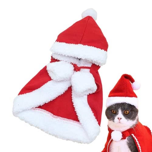 KLUFO Katzen-Weihnachtsumhang - Hautfreundlicher Kätzchen-Kapuzenponcho für Weihnachten | Winterliche Hundebekleidung für Weihnachtsfeier, Mottoparty, Reisen, Spaziergang, Foto-Requisiten von KLUFO
