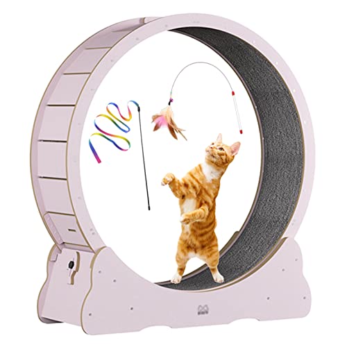 Katze-Übungsrad-Laufband mit Katze-Stab-Spielzeug, hölzernes rosa Katze-Rad, das Spielwaren für Kätzchen läuft, innen großes Katze-Laufrad leise (M, Innendurchmesser 80cm) von KLUFO