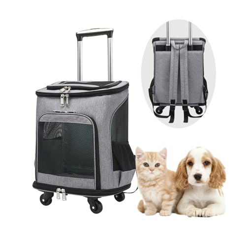 Haustier-Tragerucksack mit Trolley, Faltbare Hunde-/Katzen-Tragetasche, multifunktionaler Haustier-Reiserucksack mit abnehmbaren Rädern, für kleine Hunde (bis 7 kg) und Katzen (bis 10 kg) (grau) von KMDZDZGS