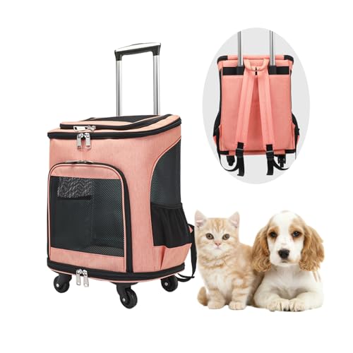 Haustier-Tragerucksack mit Trolley, Faltbare Hunde-/Katzen-Tragetasche, multifunktionaler Haustier-Reiserucksack mit abnehmbaren Rädern, für kleine Hunde (bis 7 kg) und Katzen (bis 10 kg) (orange) von KMDZDZGS