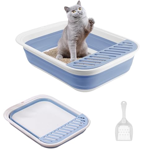 Katzentoilette Flach, Faltbare Katzentoilette Mit Schaufel, 45 * 34 * 12.5cm Katzenklo Niedrig mit Rand Katzen, Reisetoilette Katze, Katzenklo Flach, Faltbare Flache Katzentoilette (blau) von KMDZDZGS