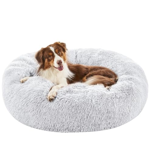 KMFYZYE Beruhigendes Donut-Hundebett, runde, flauschige Hundebetten für Hunde und Katzen, Anti-Angst-Plüsch-Hundebett, maschinenwaschbar, Haustierbett (Hellgrau, XL) von KMFYZYE