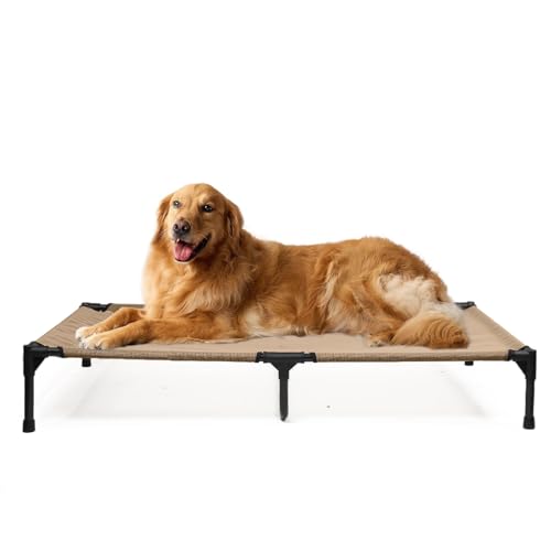 KMFYZYE XL Hundebett, erhöhtes Haustierbett, XLarge erhöhtes Outdoor-Hundebett mit Rahmen, atmungsaktives Mesh und rutschfeste Füße, angehobene Haustierhängematte für drinnen (XL, Braun) von KMFYZYE