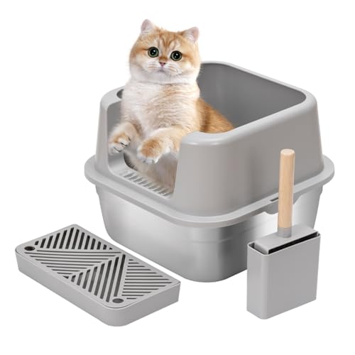 Katzentoilette Edelstahl, Offene Streu-Box aus Edelstahl, 41 * 41cm, Mit großer Katzenstreu Schaufel,Anti-Leckage Sand Pedal, Langlebiger Edelstahl, Hohen Wandkanten, Antihaftbeschichtet von KMQRDZi