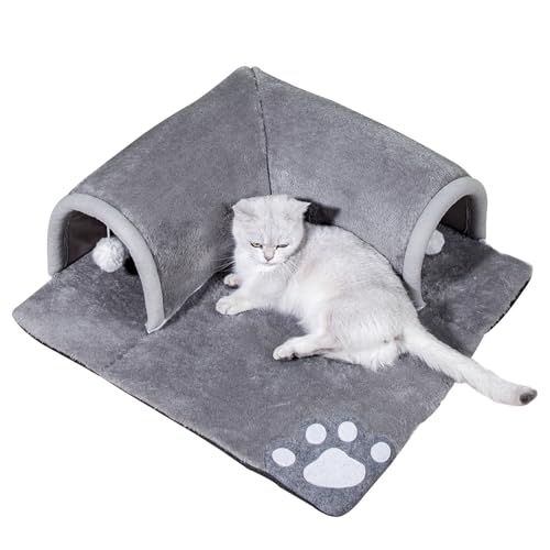 Katzentunnel Bett, 2 In 1 Katzenspieltunnel Mit Teppich, Abnehmbare Kätzchen Pet Play Tube - Waschbar Kätzchen Höhle Matte mit Ball Spielzeug, Katzenteppich, 50 * 50cm (Grau) von KMQRDZi