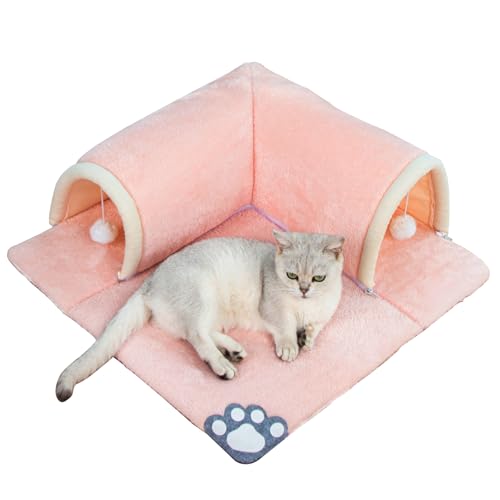 Katzentunnel Bett, 2 In 1 Katzenspieltunnel Mit Teppich, Abnehmbare Kätzchen Pet Play Tube - Waschbar Kätzchen Höhle Matte mit Ball Spielzeug, Katzenteppich, 50 * 50cm (Rosa) von KMQRDZi