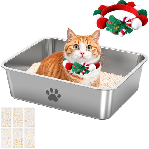 Katzentoilette aus Edelstahl, Metall-Katzentoilette, Katzentoilette, Haustier-Toilettenbedarf für Katzen, Kaninchen, leicht zu reinigen, antihaftbeschichtet, kein Geruch, mit weihnachtlichen von KOAKOMI