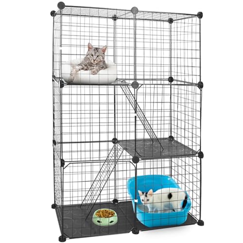 KOCASO Katzenkäfig Laufstall mit 3 Ebenen, 106,7 cm Indoor-Katzengehege, Outdoor-Metall-Katzenkäfig mit 3 Türen, 2 Leitern, abnehmbarer Katzenlaufstall für 1-2 Katzen, einfach zu montieren, großer von KOCASO