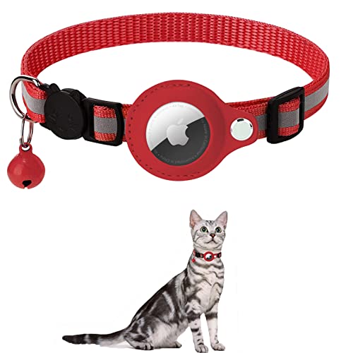 KOCNYDEY Reflektierendes AirTag Katzenhalsband, Anti-Lost Cat Tracker Halsband mit verstellbarem Halter & integrierter Glocke Apple Air Tag Katzenhalsband für Katzen kleine Hunde Welpen (Rot) von KOCNYDEY