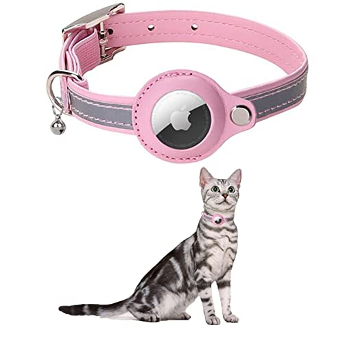 KOCNYDEY Leder reflektierende AirTag Katze Halsband, Anti-Lost Katze Halsband mit Einstellbarer Halterung & Bell integriert Apple Air Tag Katzenhalsband für Katzen kleine Hunde (Rosa) von KOCNYDEY