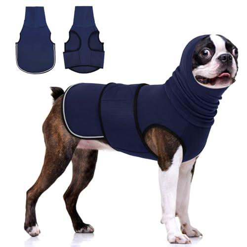 KOESON Beruhigender Kapuzenpullover für Hunde, Donnerjacke mit Ohrwickel, atmungsaktive Hunde-Angstweste für Donner, Feuerwerk, Reisen, Trennung, Komfort, Haustier-Angstlinderung, Marineblau, Größe S von KOESON