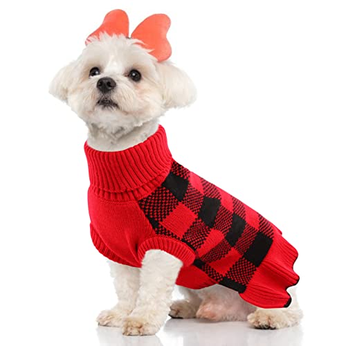 KOESON Haustierpullover für kleine und mittelgroße Hunde/Katzen, Hundepullover Pulloverkleid Buffalo Plaid Strickpullover, Haustier Rollkragen Strickwaren mit Leinenloch für kaltes Wetter, Rot L von KOESON