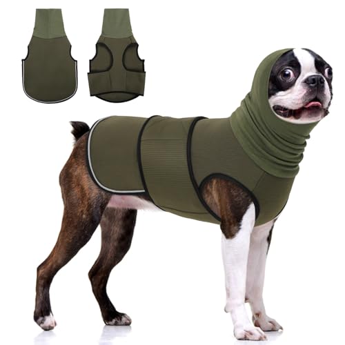 KOESON Beruhigender Kapuzenpullover für Hunde, Donnerjacke mit Ohrwickel, atmungsaktive Hunde-Angstweste für Donner, Feuerwerk, Reisen, Trennung, Komfort, Haustier-Angstlinderung, Armeegrün, Größe M von KOESON