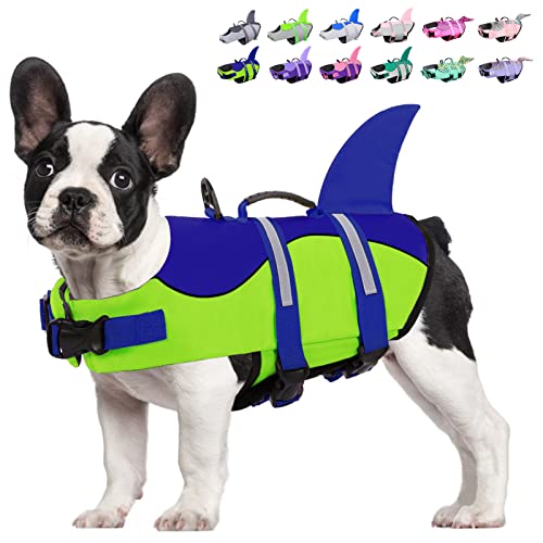 KOESON Hunde-Schwimmweste Hai, Hundeschwimmweste mit Rettungsgriff, Ripstop-Haustier-Schwimmmantel zum Schwimmen, Sicherheits-Hundelebensretter, Haustier-Schwimmschutz, Blau,Grün M von KOESON