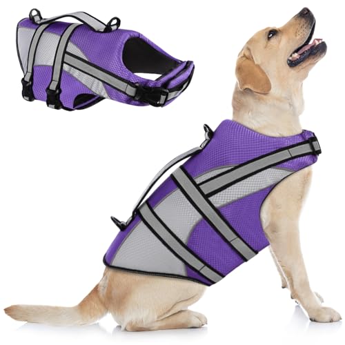 KOESON Ripstop Hundeschwimmweste, Hundeschwimmweste mit überlegenem Auftrieb Haustier Schwimmen Sicherheitsweste mit Rettungsgriff, Hund Float Coat Hund Life Preserver Lifesaver für kleine, lila, M von KOESON