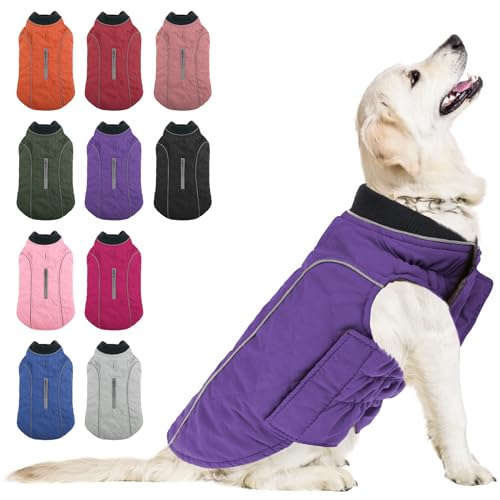 KOESON Winddichter Hundemantel für kaltes Wetter, reflektierende Haustiere, Winter, dicke, warme Outdoorjacke mit Geschirrloch, bequeme Baumwollkleidung gepolsterte Weste für kleine, mittelgroße und große Hunde, Lila XL von KOESON