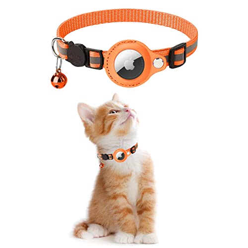 KOLACEN Reflektierendes AirTag Katzenhalsband, Airtag mit Airtag Hülle und Glocke, Einstellbares Airtag Katzenhalsband mit abbrechbarer Sicherheitsschnalle für Welpen Katzen Kätzchen (Orange) von KOLACEN