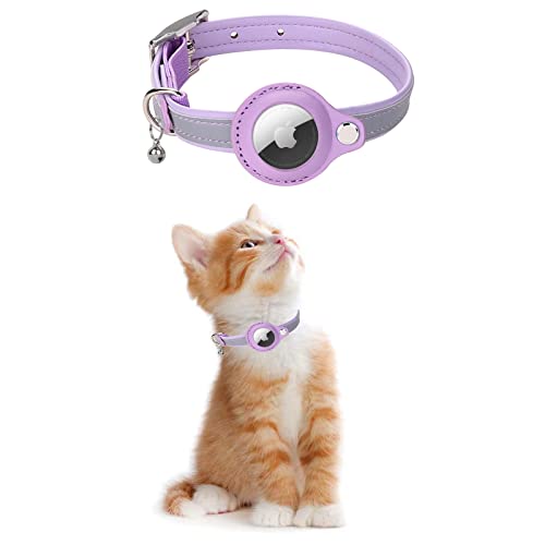 KOLACEN Leder Reflektierendes AirTag Katzenhalsband, Airtag mit Airtag Hülle und Glocke, Einstellbares Airtag Katzenhalsband mit abbrechbarer Sicherheitsschnalle für Katzen Kätzchen Welpen (Lila) von KOLACEN