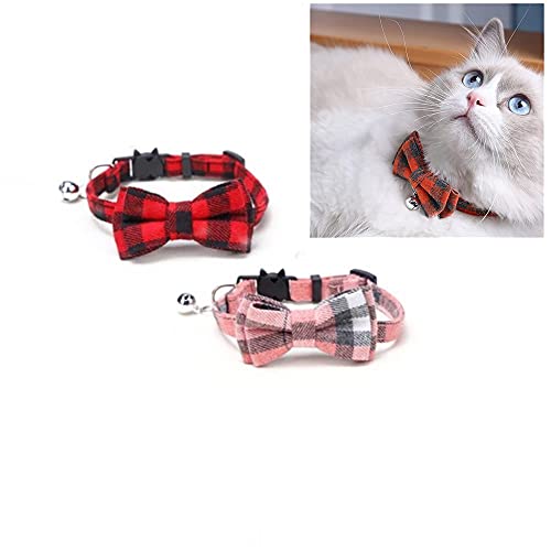 KOMUNJ 2 Stück Katzenhalsband mit Fliege, kariert, Katzenhalsband mit Glöckchen, verstellbares Halsband für kleine Hunde und Katzen, Weihnachten, Hochzeit, Party – rotes Karo, rosa Plaid von KOMUNJ