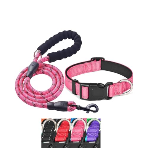 KOMUNJ Hundehalsband und Leine, Set reflektierend, verstellbares Halsband, strapazierfähige Nylonleine für mittelgroße und große Hunde (Rosa, S) von KOMUNJ